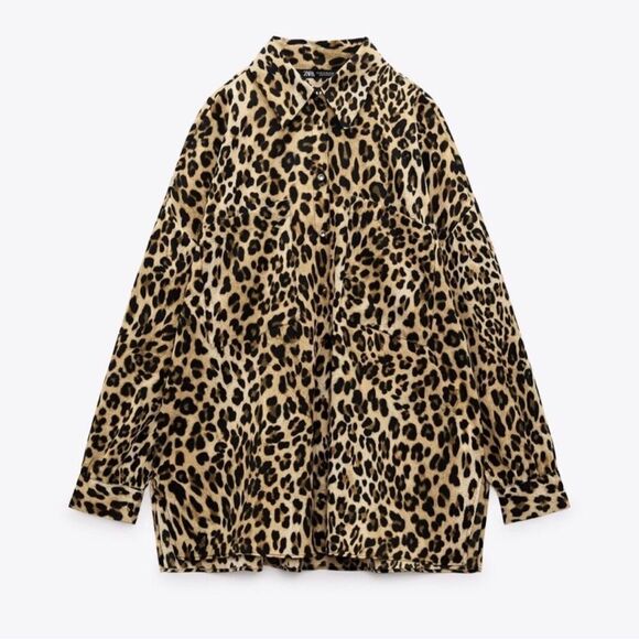 Zara Tops - Zara Animal Printed Leopard Oversized Blouse Button Down Shirt Collar